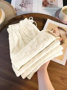 SHEIN LUNE 大码女式高腰宽松裤，优雅刺绣纹理，前系带，休闲日常穿着，简约休闲时尚，夏季，女性度假，女性海滩，波西米亚风格，春夏 - 杏色 - 查看 3