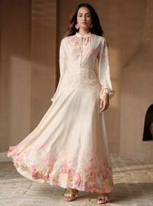 Anewsta 女装春夏时尚定位印花蕾丝拼接杏色半裙 - 杏色 - 查看 6