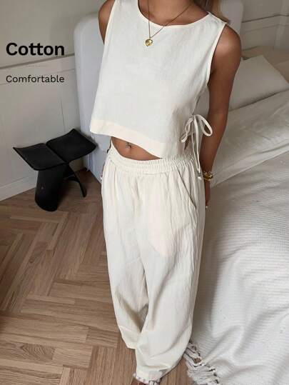 SHEIN EZwear Conjunto de 2 piezas de top sin mangas de unicolor 100% algodón y pantalones cortos para mujer, traje casual de mujer, traje de lino