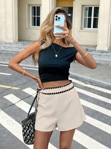SHEIN Frenchy Women Black And White Summer Elegant Brunch Casual Shorts,Textured Fabric Color Block Lace-Up Bow Waist Contrast Trims,Fashionable Vacation Wear - Multicolor - View 4