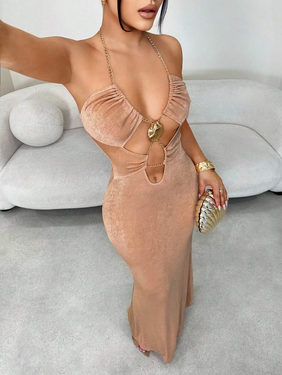 SHEIN SXY 女式修身吊带链条镂空性感加长连衣裙 - 杏色 - 查看 1