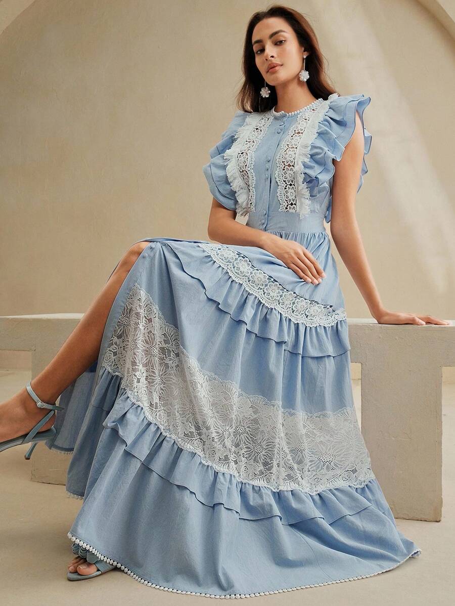 Anewsta Light Blue Elegant Summer Ruffle Sleeve Long Maxi Cardigan Dress