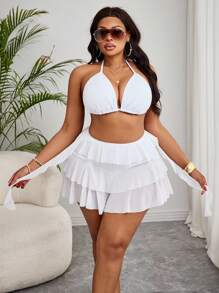 Slaydiva Traje de baño de 2 piezas talla grande para mujer, con parte superior tipo halter de unicolor y shorts con volantes multicapa, ideal para vacaciones en la playa - Blanco - Ver 3