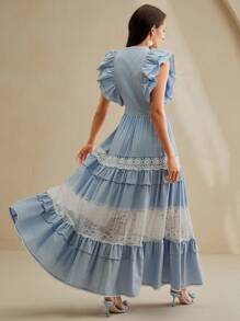 Anewsta Light Blue Elegant Summer Ruffle Sleeve Long Maxi Cardigan Dress