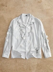 Manfinity BRENVOR Camisa blanca de hombre con bordado de flor tridimensional hecha a mano, diseño de rayas negras de marca de primavera/verano, artesanía pesada con cuentas de nicho - Blanco - Ver 3