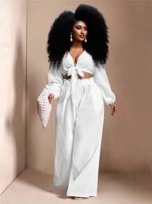 Veslaya Bộ đồ thể thao cỡ lớn đa năng, dễ phối đồ, thích hợp đi biển, gồm áo tay dài thắt nơ phía trước và quần ống rộng. - trắng - Xem 9