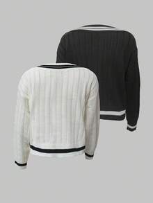 Franclia Halloween V-Neck Contrast Color Horse Embroidery Pullover Sweater, Multi-Color Set Fall Winter Cloth For Women - Black and White - View 2