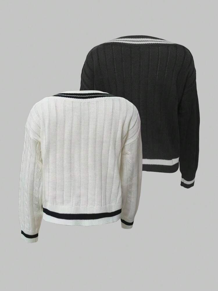 Franclia V领撞色马刺绣套头衫，多色套装 - 黑與白 - 查看 2