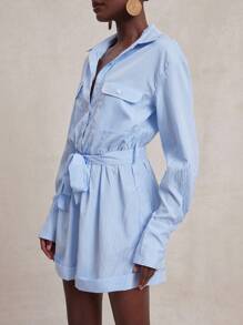 SHEIN Unity 连体裤长袖纽扣领 Warap 领带细节早午餐日常休闲商务休闲海滩度假迷你连体裤春夏 7 月 4 日女士服装