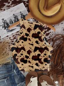 SHEIN EZwear 休闲简约牛奶纹理西部风格印花紧身圆领背心，适合夏季