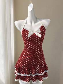 Elamini 复古黑白圆点蕾丝边蝴蝶结点缀露背系带腰部拼接荷叶边下摆迷你连衣裙，优雅可爱，适合夏季、海滩、度假、日常穿着、约会 - 紅色 - 查看 3