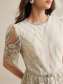 Anewsta 优雅高端圆领蕾丝钻石腰带可调节束腰夏季长裙高品质优雅女士 - 杏色 - 查看 5