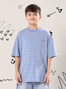 SUMWON 夏季休闲条纹 T 恤刺绣俱乐部标志舒适经典青年日常宽松版型度假海滩必备