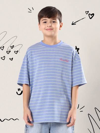 SUMWON Summer Casual Striped T-Shirt Embroidered Club Logo Comfort Classic Youth Everyday Relaxed Fit Vacation Beach Essential