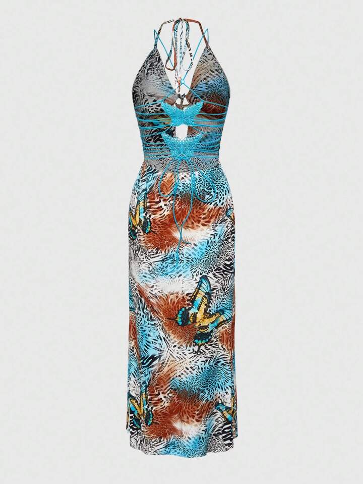 Our Fairycore Vacation Style Vintage Butterfly & Zebra Print Hollow Out  Backless Bowknot Bodycon Mermaid Dress is such a vibe - ROMWE