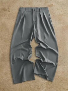 Manfinity BRENVOR 男士新款飘逸褶皱宽松休闲阔腿西装裤 - 煙灰色 - 查看 3