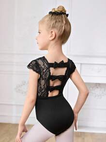 SHEIN Young Girls Ballet Black Lace Trim Open Back Bow Decor Leotard, Four-Season Design