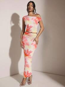 SHEIN BAE 女式不对称褶皱修身两件套，适合夏季/海滩度假、生日派对，优雅图案印花上衣 - 粉色 - 查看 8