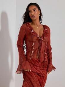 Opulessa Áo kiểu nữ dệt kim lưới kẻ sọc tay dài có bèo nhún, thích hợp cho kỳ nghỉ hè, du lịch. - Đỏ - Xem 5