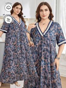 Al Najma Casual Allover Print V-Neck Short Sleeve Loose Regular Dress For Plus Size Women, Spring/Summer - Multicolor - View 1