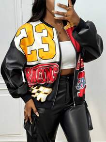 Slaydiva 2025 New Early Autumn Casual Street College Style Retro Daily Dating Digital Slogan Logo Yellow And Red Ball Pattern Loose Ball Jacket Baseball Jacket Front Center Metal Zipper Knitted And Black PU Drop Shoulder Long Sleeve Women's Jacket-A