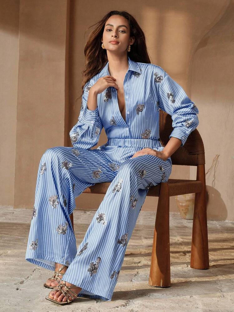 High Quality Fashionable Women's Striped Beaded Embroidered Blouse And Pants Set