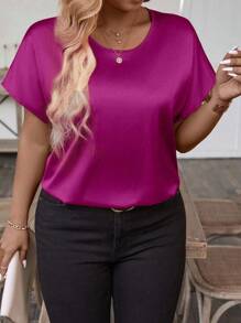 Breezaya Plus Size Summer Elegant Simple Round Neck Short Sleeve Shirt - Red Violet - View 4