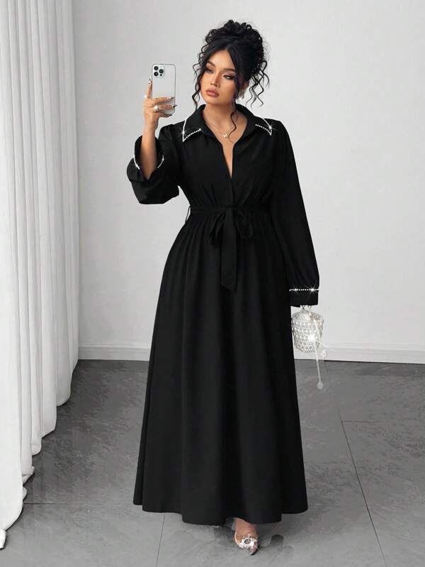 Elenzga Plus Size Elegant Commuter Long Dress With Pearl Decor
