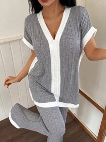 Lazeform 2 件套女士针织休闲拼色 V 领短袖上衣和裤子家居服套装 - 灰色 - 查看 4