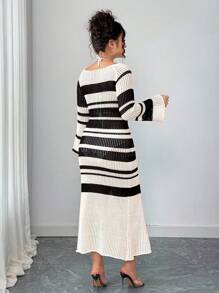 Elenzga Kooky Elegance 系列（Woe Is Me Vibes）（星期三美学）性感镂空拼色条纹长袖针织大码毛衣裙，适合外出、度假、派对，优雅 - 白色 - 查看 6