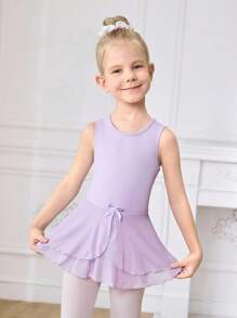 SHEIN 小女孩紫色无袖镂空后背芭蕾紧身衣，带薄纱裙，四向弹力高弹力儿童芭蕾舞连体衣 - 紫色 - 查看 2