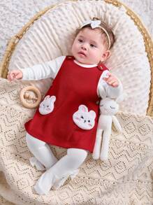 SHEIN Bộ đồ liền thân dài tay và váy họa tiết hoạt hình dễ thương cho bé gái sơ sinh - Đỏ - Xem 4