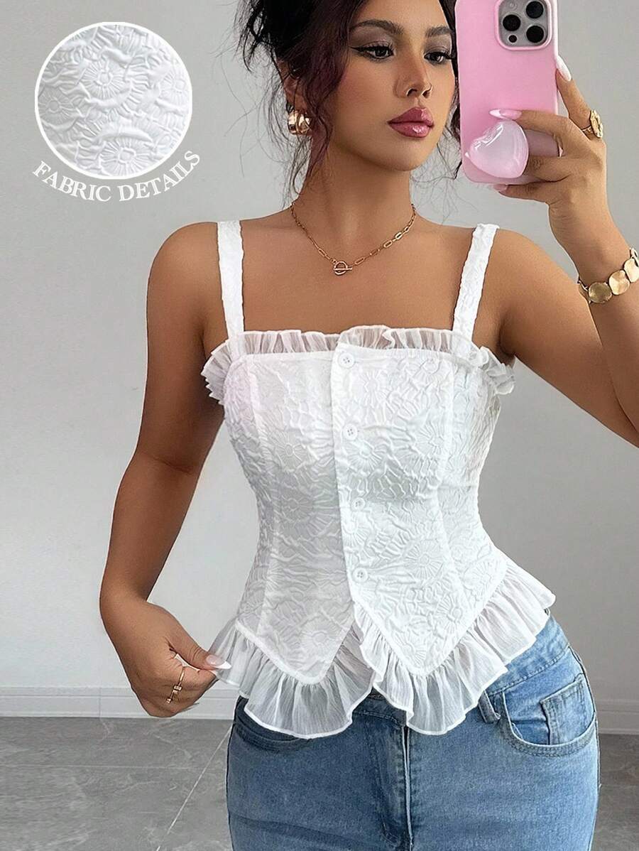 Elenzga Women's Summer Ruffled Chiffon Patchwork Design Fitted Camisole - White - View 1