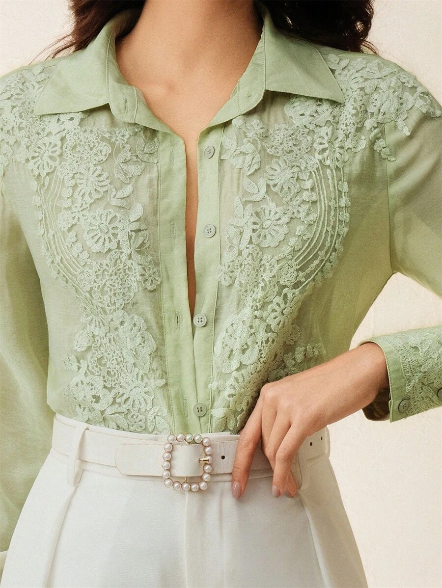 Anewsta 女士时尚蕾丝边开襟长袖衬衫 - 薄荷綠 - 查看 1