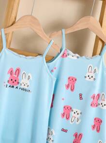 Set de 2 piezas de pijamas de vestido de camisola tejida con estampado de conejitos cómodo y lindo en blanco y rosa para niñas