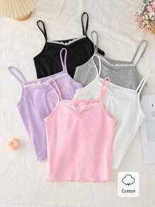 青少年女孩 5 件套可追溯材质内衣吊带背心套装，包括灰色、白色、浅紫色、浅粉色、黑色和深紫色，配有细肩带和领口蕾丝装饰，整体休闲风格适合日常穿着返校时尚