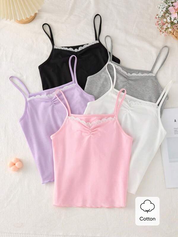 Conjunto de 5 piezas para niñas con camisetas interiores trazables, incluye colores gris, blanco, lila claro, rosa claro, negro y morado oscuro, con tirantes finos y decoraciones de encaje en el escote, estilo casual general adecuado para uso diario
