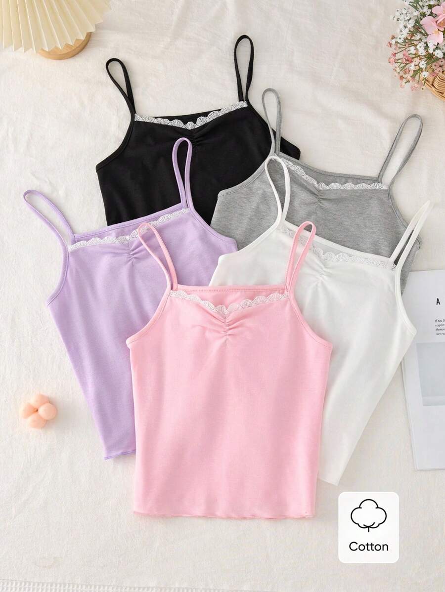 青少年女孩 5 件套可追溯材质内衣吊带背心套装，包括灰色、白色、浅紫色、浅粉色、黑色和深紫色，配有细肩带和领口蕾丝装饰，整体休闲风格适合日常穿着返校时尚