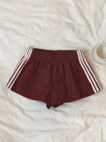 Comfortcana 女士休闲拼色条纹短裤，夏季 - 酒紅色 - 查看 7