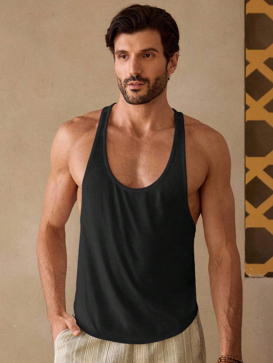 Manfinity VCAY Herren lässiges ärmelloses schwarzes Tanktop, geeignet für Musikfestivals - Schwarz - Übersicht 1