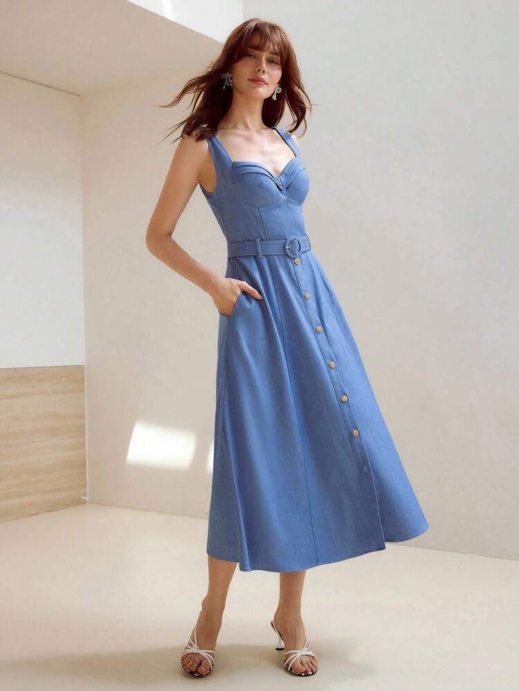 VESTIDO SIN TIRANTES ELEGANTE CON CINTURÓN DE CINTURA, LONGITUD HASTA LA PANTORRILLA PARA MUJERES