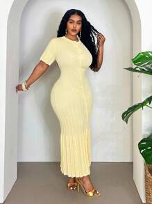 Slaydiva 春夏新品百搭优雅针织 A 字裙，休闲日常穿着，生日，派对，通勤，大码，短袖圆领 - 黃色 - 查看 7