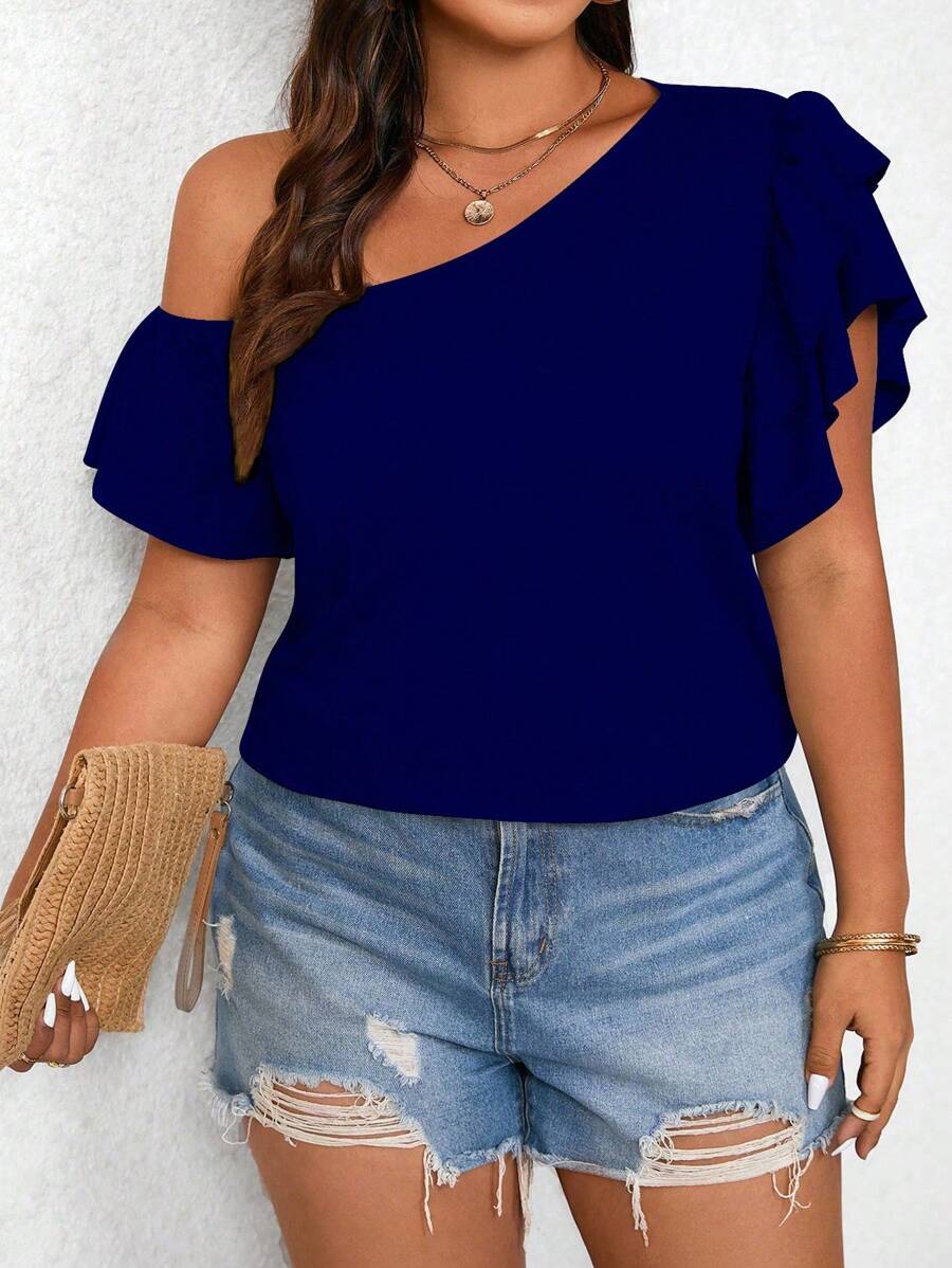 EMERY ROSE Áo thun trơn cổ bẻ bất đối xứng cỡ lớn cho nữ - Màu xanh hải quân - Xem 1