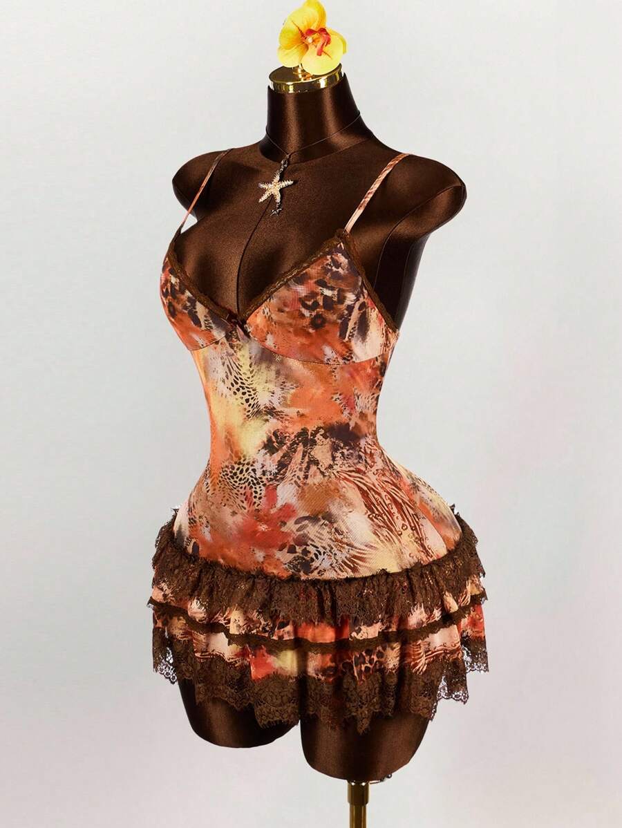 Amplova 复古豹纹蕾丝拼布细肩带层叠荷叶边下摆迷你连衣裙 - 橘色 - 查看 1