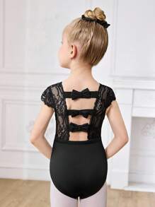 SHEIN Young Girls Ballet Black Lace Trim Open Back Bow Decor Leotard, Four-Season Design