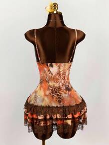 Amplova 复古豹纹蕾丝拼布细肩带层叠荷叶边下摆迷你连衣裙 - 橘色 - 查看 7