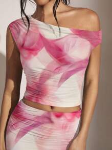 SHEIN BAE 女士不对称领口不对称褶皱紧身两件套，适合夏季/粉色两件套/海滩度假套装/生日派对套装/海岛度假套装