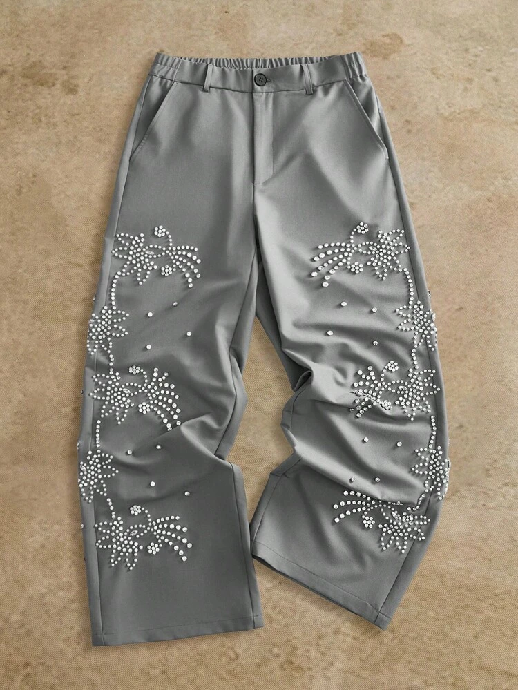 Pantalon large à jambes amples pour hommes orné de perles à bulles élaborées et de cristaux, pantalon décontracté Top de gamme