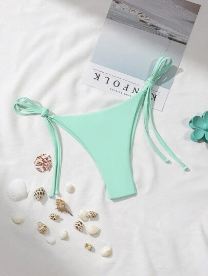 SHEIN Swim Women's Minimalist Solid Color Side Tie Bikini Bottom, Beach Vacation For Summer