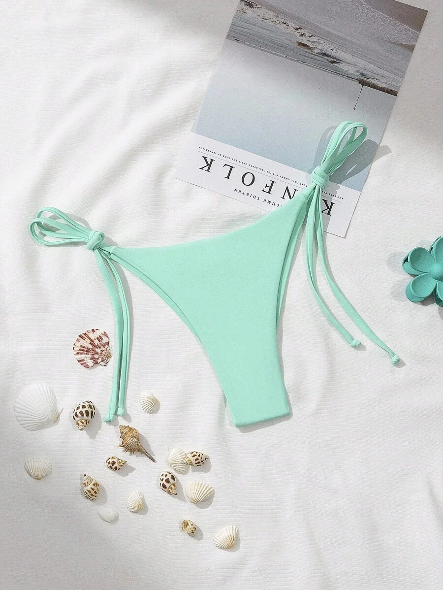 SHEIN Swim 女士简约纯色侧系带比基尼泳裤,海滩度假 - 薄荷綠 - 查看 1